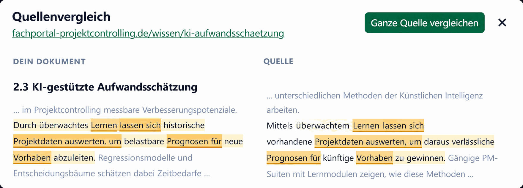 Plagiat online prüfen – Quellenvergleich Plagiat online prüfen: Quellenvergleich, Dokument und Referenzquelle nebeneinander