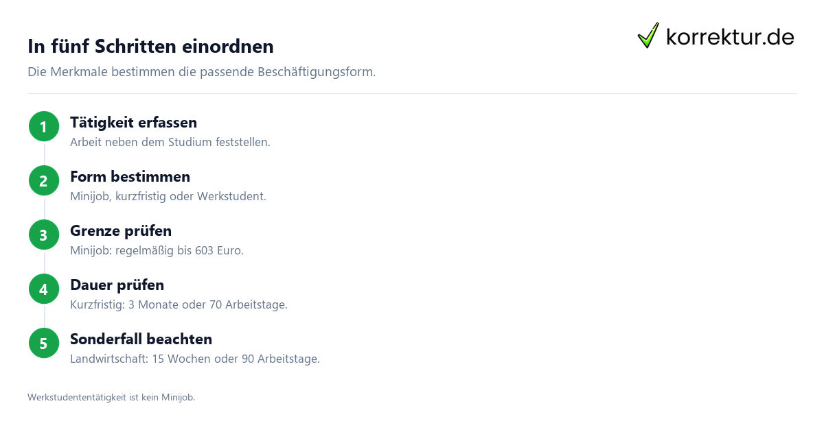 In fünf Schritten einordnen Minijob als Student: Steuern und Versicherung einordnen, Ablauf zur Prüfung
