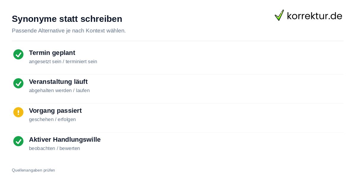 Synonyme statt schreiben Checkliste für korrektsynonyme statt finden und stattfinden
