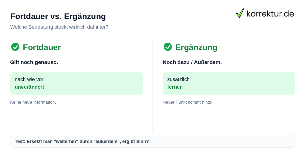 Fortdauer vs. Ergänzung Synonym für weiterhin: Unterschied zwischen Dauer und Ergänzung